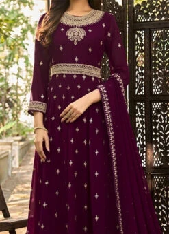 Magenta Georgette Zari Embroidered Anarkali Suit Party Wear