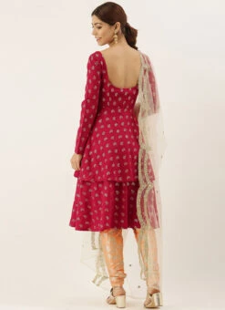 Magenta N Peach Contrast Layered Anarkali Set Festive Wear -C Bazaar Shop Magenta N Peach Contrast Layered Anarkali Set SLBS01909040 b