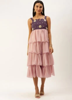 Magenta N Pink Embroidered Layered Dress Festive Wear 10 Magenta N Pink Embroidered Layered Dress Festive Wear -C Bazaar Shop Magenta N Pink Embroidered Layered Dress DRBS02209669 u