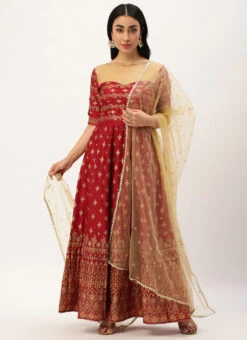Maroon Art Silk Foil Printed Anarkali Suit Festive Wear -C Bazaar Shop Maroon Art Silk Foil Printed Anarkali Suit SLBS02212471 u