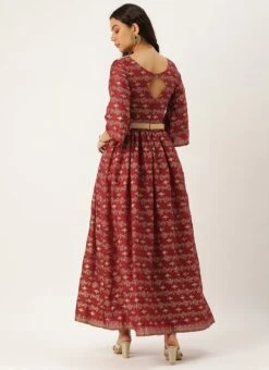 Maroon Art Silk Foil Printed Maxi Dress Festive Wear -C Bazaar Shop Maroon Art Silk Foil Printed Maxi Dress DRBS02211115 b