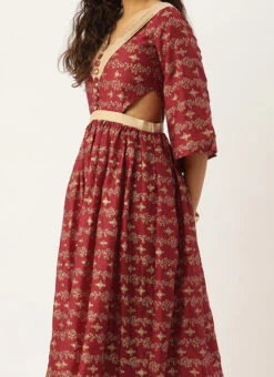 Maroon Art Silk Foil Printed Maxi Dress Festive Wear