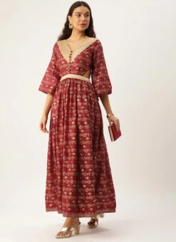 Maroon Art Silk Foil Printed Maxi Dress Festive Wear -C Bazaar Shop Maroon Art Silk Foil Printed Maxi Dress DRBS02211115 u