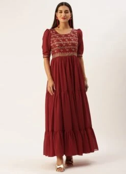 Maroon Art Silk N Geogette Flare Dress Festive Wear -C Bazaar Shop Maroon Art Silk N Geogette Flare Dress DRBS02301787 u