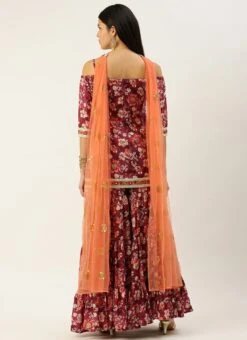 Top From Maroon Art Silk Printed Gharara Set After Six Wear -C Bazaar Shop Maroon Art Silk Printed Gharara Set SLBS02302280 b 1