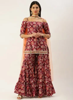 Dupatta From Maroon Art Silk Printed Gharara Set After Six Wear -C Bazaar Shop Maroon Art Silk Printed Gharara Set SLBS02302280 u