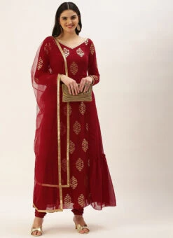 Maroon Embroidered Anarkali Suit Set Festive Wear -C Bazaar Shop Maroon Embroidered Anarkali Suit Set SLBS02209824 u