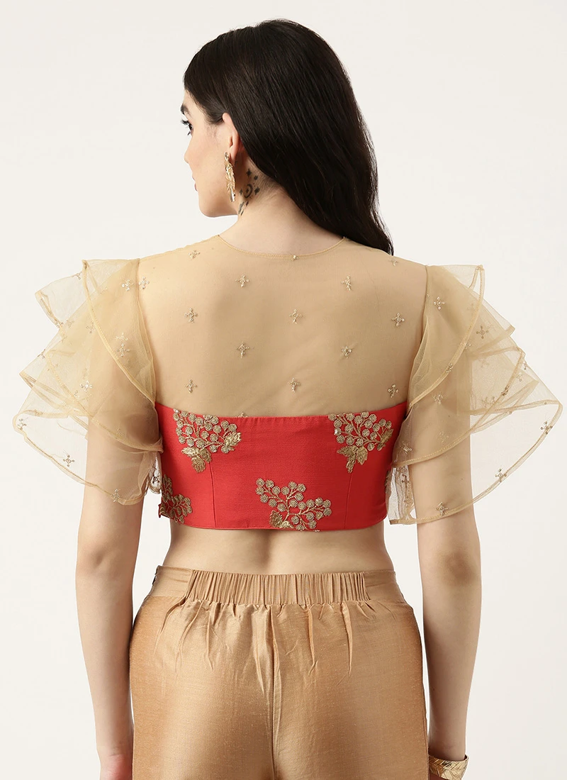 Maroon Embroidered Chinnon Blouse Festive Wear 4 Maroon Embroidered Chinnon Blouse Festive Wear - Image 4