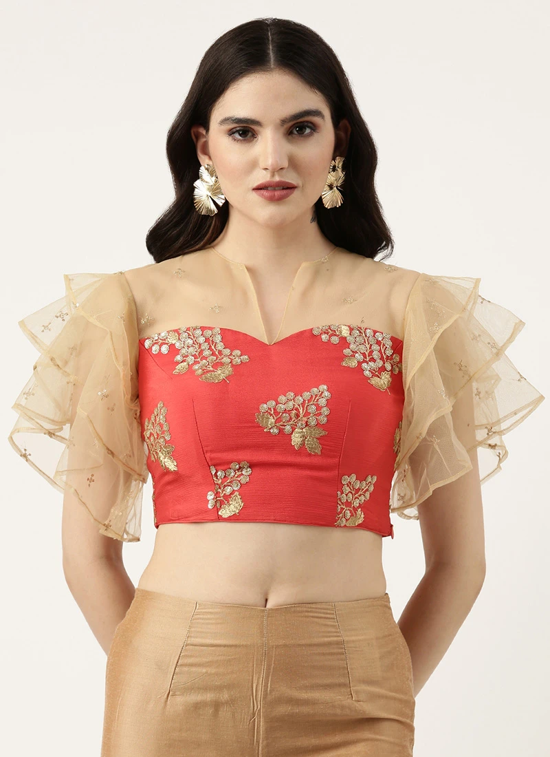 Maroon Embroidered Chinnon Blouse Festive Wear 3 Maroon Embroidered Chinnon Blouse Festive Wear - Image 3