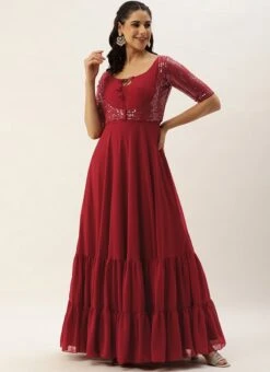 Jacket From Maroon Embroidered Georgette Jacket Style Gown -C Bazaar Shop Maroon Embroidered Georgette Jacket Style Gown IWBS02304059 u