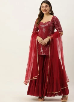 Dupatta From Maroon Embroidered Georgette Palazzo Suit After Six Wear 10 Dupatta From Maroon Embroidered Georgette Palazzo Suit After Six Wear -C Bazaar Shop Maroon Embroidered Georgette Palazzo Suit SLBS02304047 u