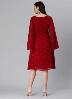 Maroon Embroidered Overlapped Knee Length Dress Festive Wear -C Bazaar Shop Maroon Embroidered Overlapped Knee Length Dress DRBS02205021 b