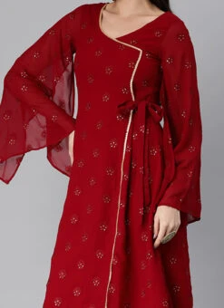Maroon Embroidered Overlapped Knee Length Dress Festive Wear