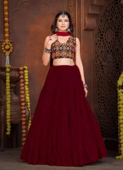 Maroon Faux Crepe Kutch Work Chaniya Choli Festive Wear -C Bazaar Shop Maroon Faux Georgette Kutch Work Chaniya Choli GHSACW7529 u