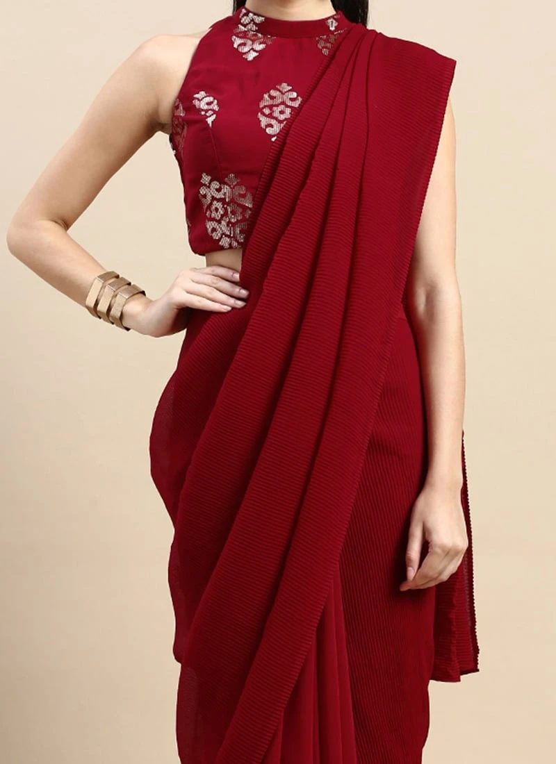 Maroon Georgette Sequins Half N Half Sari Festive Wear 1 Maroon Georgette Sequins Half N Half Sari Festive Wear