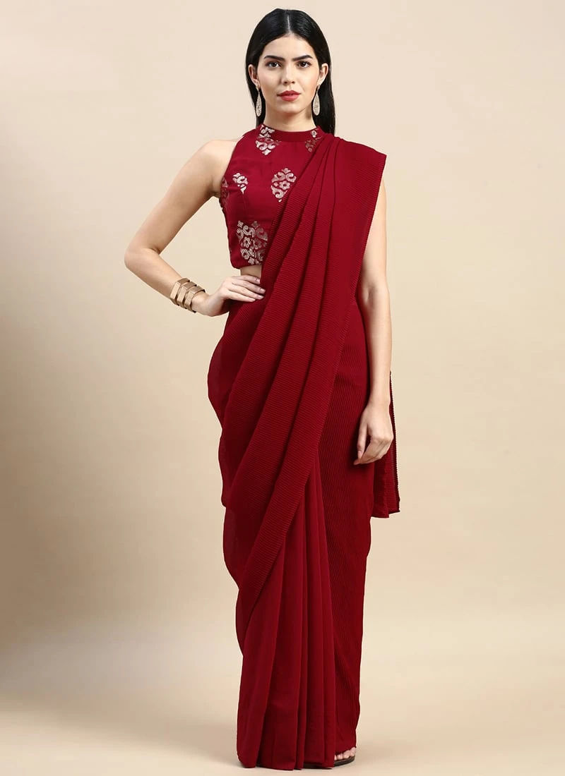 Maroon Georgette Sequins Half N Half Sari Festive Wear 3 Maroon Georgette Sequins Half N Half Sari Festive Wear - Image 3