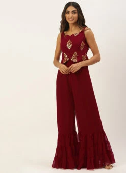 Maroon Georgette Sequins Jumpsuit Festive Wear -C Bazaar Shop Maroon Georgette Sequins Jumpsuit DRBS02208429 u