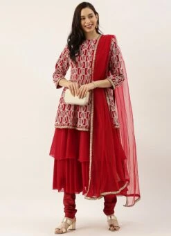 Maroon Layered Anarkali Churidar Suit Festive Wear -C Bazaar Shop Maroon Layered Anarkali Churidar Suit SLBS02102960 u