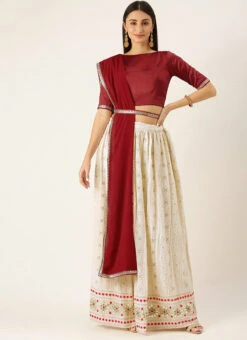 Maroon N Off White Embroidered Lehenga Set Party Wear -C Bazaar Shop Maroon N Off White Embroidered Lehenga Set GHBS02110829 u