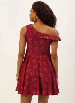 Maroon Printed One Shoulder Dress After Six Wear -C Bazaar Shop Maroon Printed One Shoulder Dress DRBS02205963 b