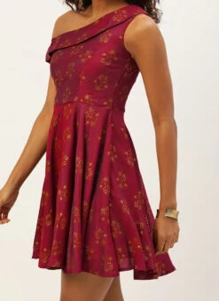 Maroon Printed One Shoulder Dress After Six Wear