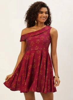 Maroon Printed One Shoulder Dress After Six Wear -C Bazaar Shop Maroon Printed One Shoulder Dress DRBS02205963 u