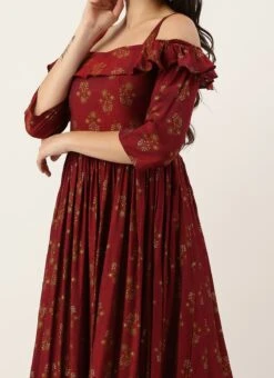 Maroon Rayon Printed Strap Neckline Dress After Six Wear