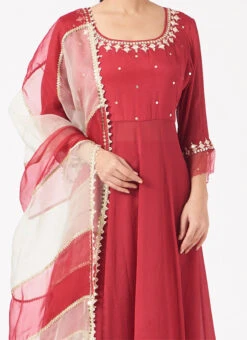 Maroon Red Chinon Silk Mirror Work Anarkali Suit Wedding Wear