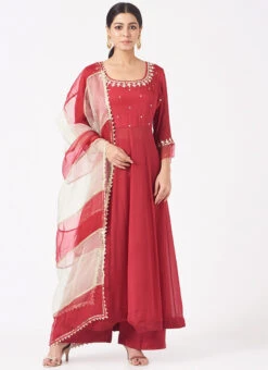 Maroon Red Chinon Silk Mirror Work Anarkali Suit Wedding Wear -C Bazaar Shop Maroon Red Chinon Silk Mirror Work Anarkali Suit SLDVC160 u