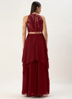 Maroon Sequins Handkerchief Gown Festive Wear -C Bazaar Shop Maroon Sequins Handkerchief Gown IWBS02303624 b