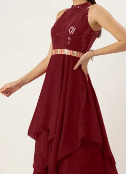 Maroon Sequins Handkerchief Gown Festive Wear