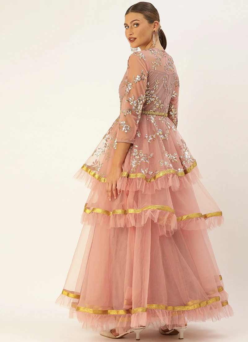 Mauve Crew Neck Layered Net Embroidered Gown Wedding Wear 4 Mauve Crew Neck Layered Net Embroidered Gown Wedding Wear - Image 4