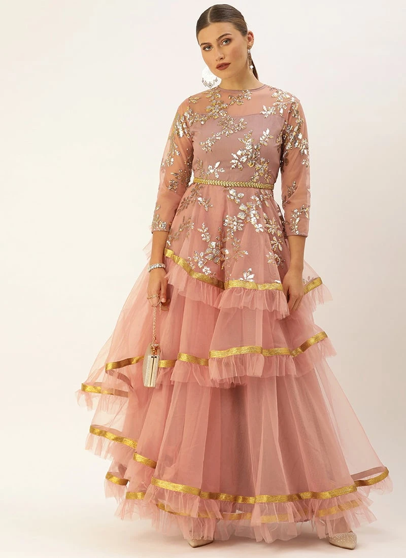 Mauve Crew Neck Layered Net Embroidered Gown Wedding Wear 3 Mauve Crew Neck Layered Net Embroidered Gown Wedding Wear - Image 3