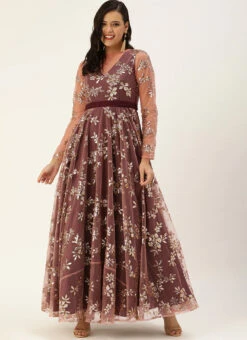 Mauve Embroidered Floor Length Gown Party Wear -C Bazaar Shop Mauve Embroidered Floor Length Gown IWBS02008778 u