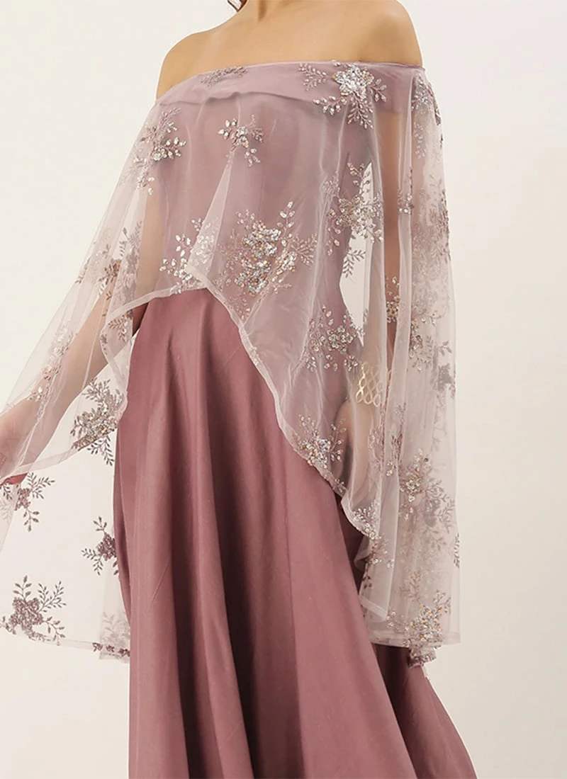 Mauve Embroidered Net Cape Style Gown Party Wear 1 Mauve Embroidered Net Cape Style Gown Party Wear