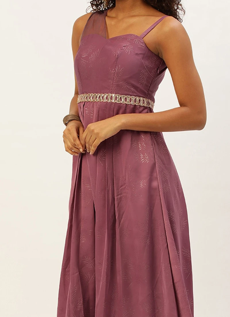Mauve Foil Printed Satin Draped Gown Party Wear 1 Mauve Foil Printed Satin Draped Gown Party Wear