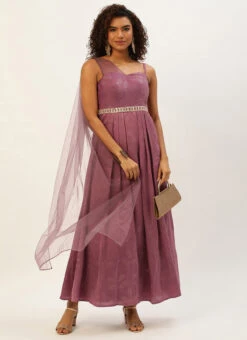 Mauve Foil Printed Satin Draped Gown Party Wear 10 Mauve Foil Printed Satin Draped Gown Party Wear -C Bazaar Shop Mauve Foil Printed Satin Draped Gown IWBS02209695 u