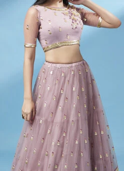 Mauve Net Thread Sequins Work Umbrella Lehenga Party Wear