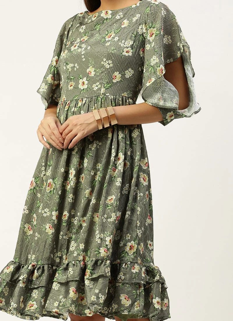 Mehndi Green Georgette Printed Dress After Six Wear 1 Mehndi Green Georgette Printed Dress After Six Wear