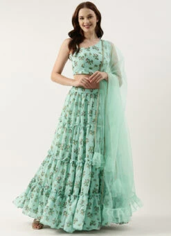 Skirt From Mint Green Georgette Digital Printed Lehenga After Six Wear -C Bazaar Shop Mint Green Georgette Digital Printed Lehenga GHBS02301646 u
