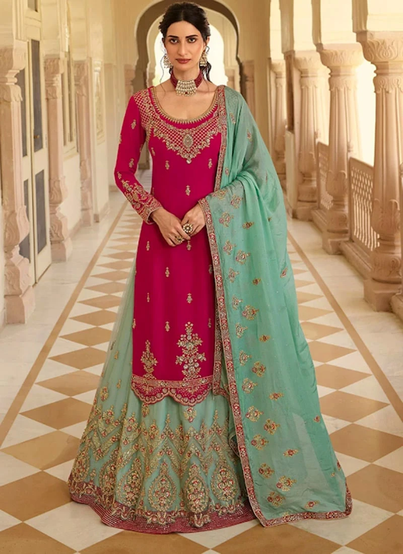 Mint Green Net Thread Embroidery Umbrella Lehenga Party Wear 3 Mint Green Net Thread Embroidery Umbrella Lehenga Party Wear - Image 3
