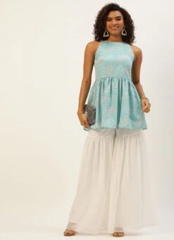 Top From Multicolored Georgette Embroidered Gharara Suit After Six Wear -C Bazaar Shop Multicolored Georgette Embroidered Gharara Suit IWBS02209754 u