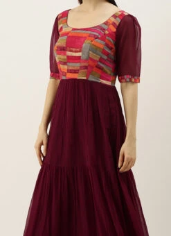 Multicolored N Burgundy Georgette Gathers Dress After Six Wear