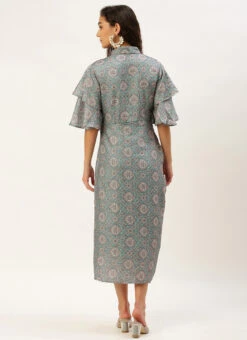 Multicolored Printed Modal Satin Pleated Dress After Six Wear -C Bazaar Shop Multicolored Printed Modal Satin Pleated Dress DRBS02212632 b