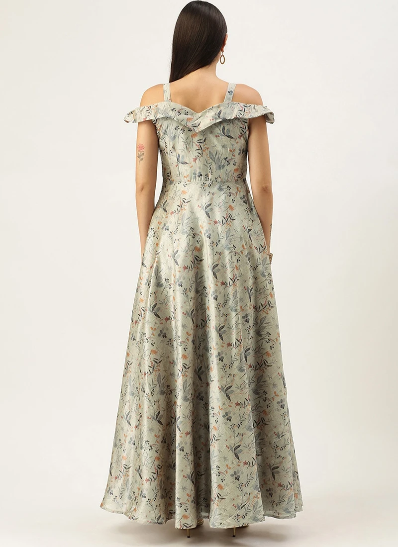 Multicolored Printed Off Shoulder Style Dress Festive Wear 4 Multicolored Printed Off Shoulder Style Dress Festive Wear - Image 4