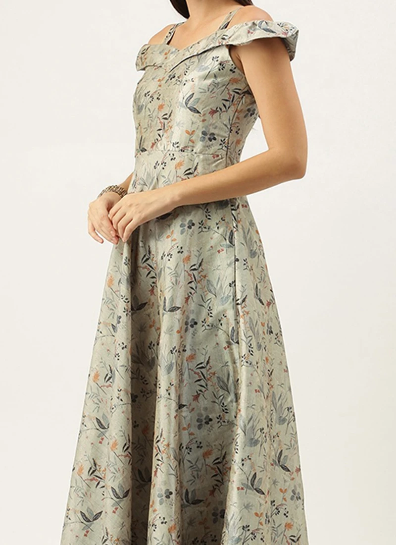 Multicolored Printed Off Shoulder Style Dress Festive Wear 1 Multicolored Printed Off Shoulder Style Dress Festive Wear