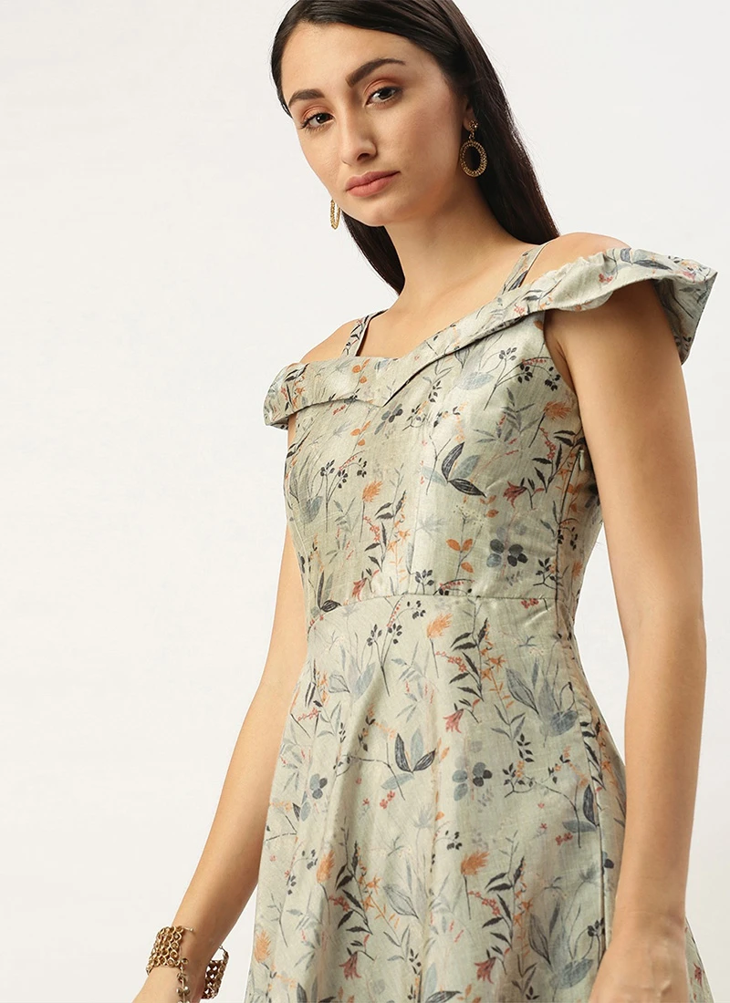 Multicolored Printed Off Shoulder Style Dress Festive Wear 5 Multicolored Printed Off Shoulder Style Dress Festive Wear - Image 5