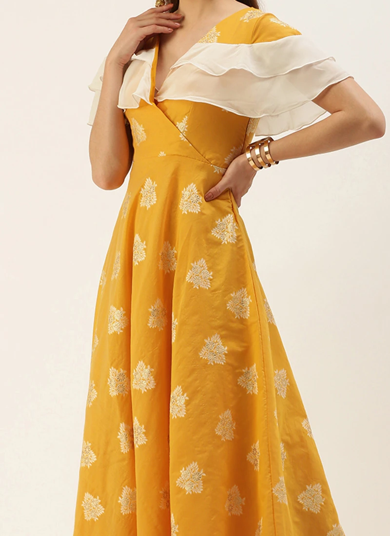 Mustard Art Silk Ruffled Dress Festive Wear 1 Mustard Art Silk Ruffled Dress Festive Wear