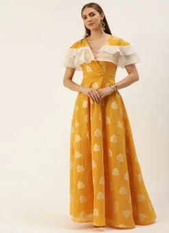 Mustard Art Silk Ruffled Dress Festive Wear 10 Mustard Art Silk Ruffled Dress Festive Wear -C Bazaar Shop Mustard Art Silk Ruffled Dress DRBS02210937 u