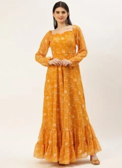 Mustard Digital Print Georgette Maxi Dress After Six Wear -C Bazaar Shop Mustard Digital Print Georgette Maxi Dress DRBS02301953 u